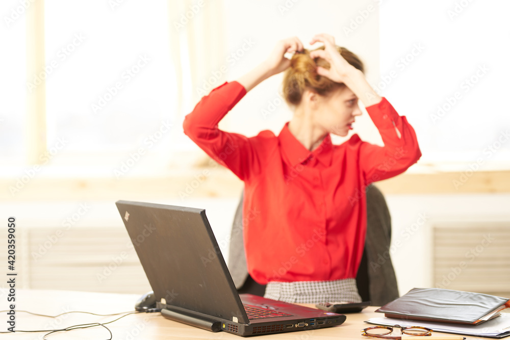 Business woman working desk laptop office manager finance Business woman working desk laptop office manager finance