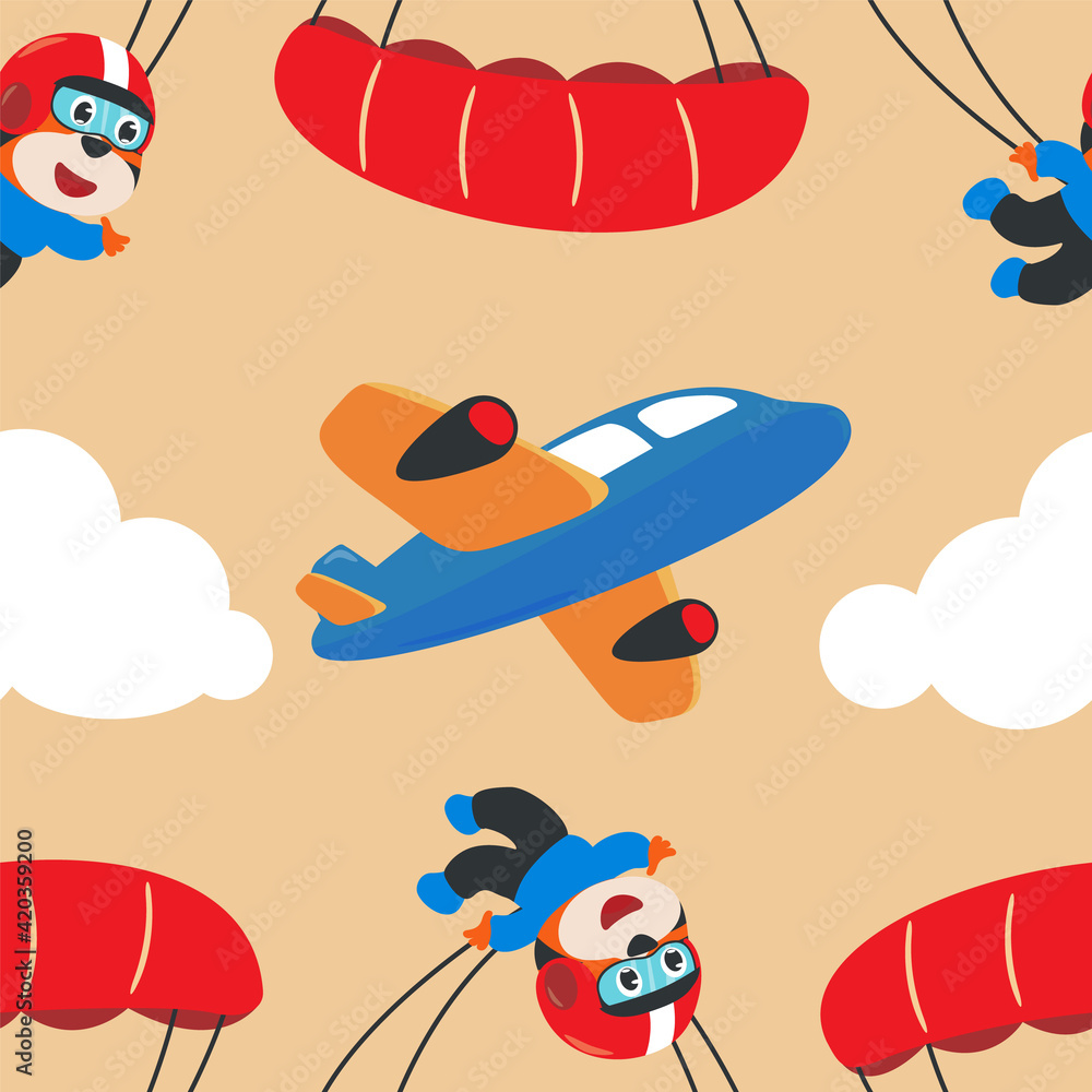 Seamless pattern vector with skydiver tiger, parachute and planes. Design concept for kids textile print, nursery wallpaper, wrapping paper. Cute funny background.