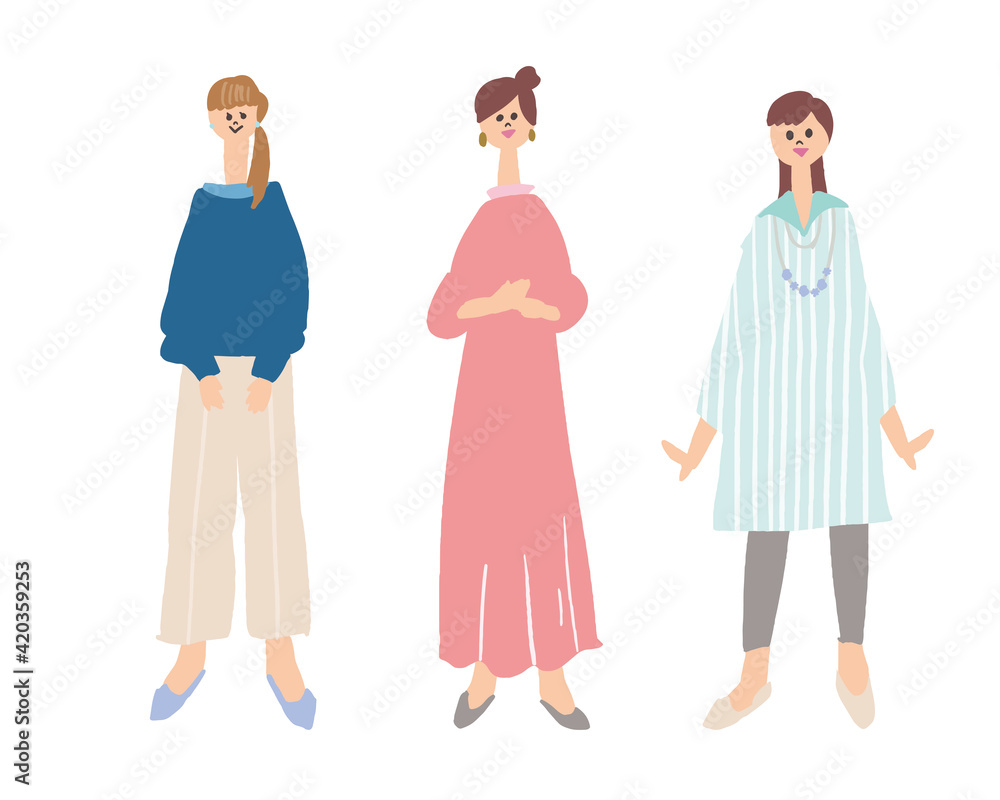 女性　人物　お母さん　立っている女性のイラスト　Female person, mother, illustration of a standing woman