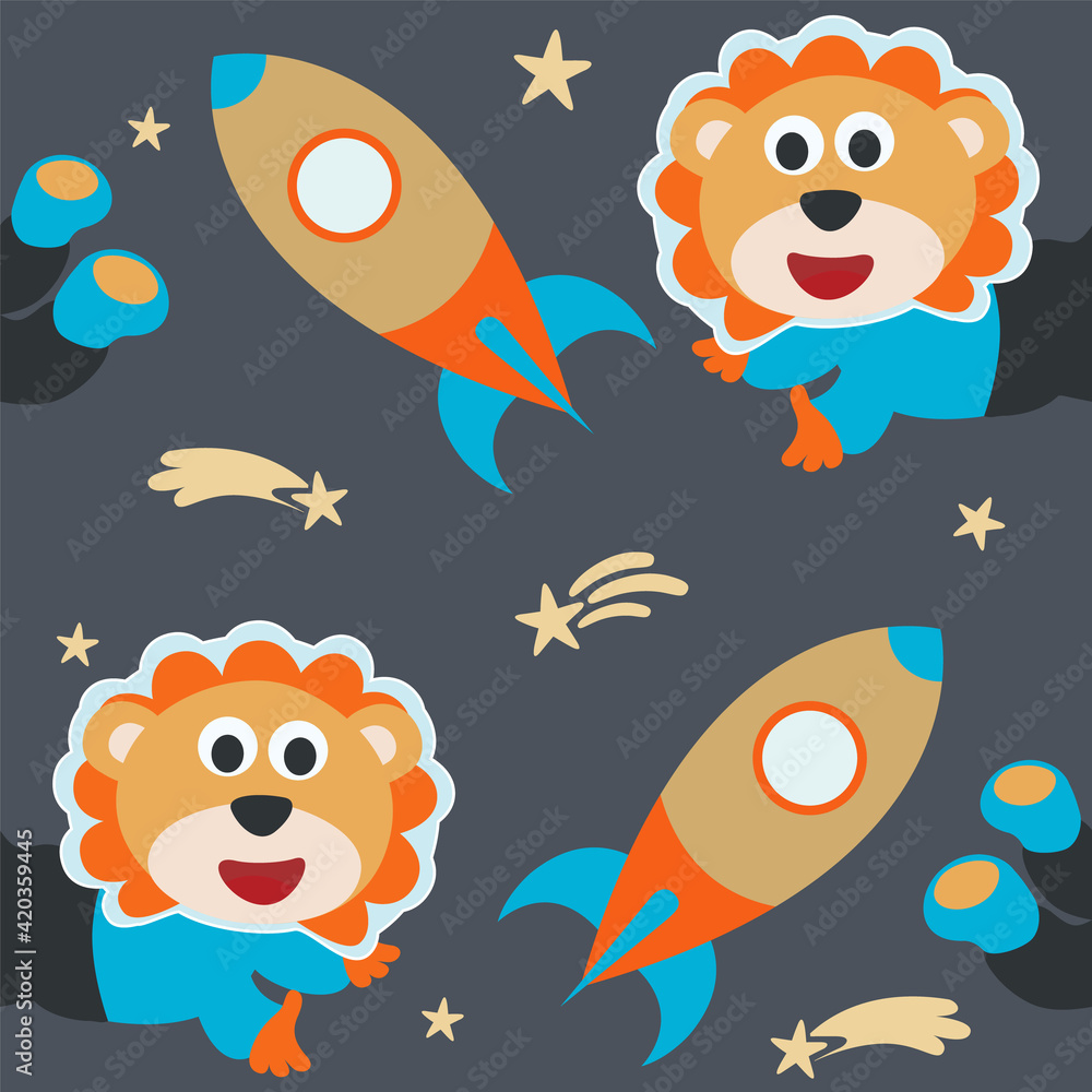 Obraz premium Seamless pattern cute astronaut lion in space with cartoon style. space rockets, planets, stars. Creative vector childish background for fabric, textile, nursery wallpaper, card, poster.
