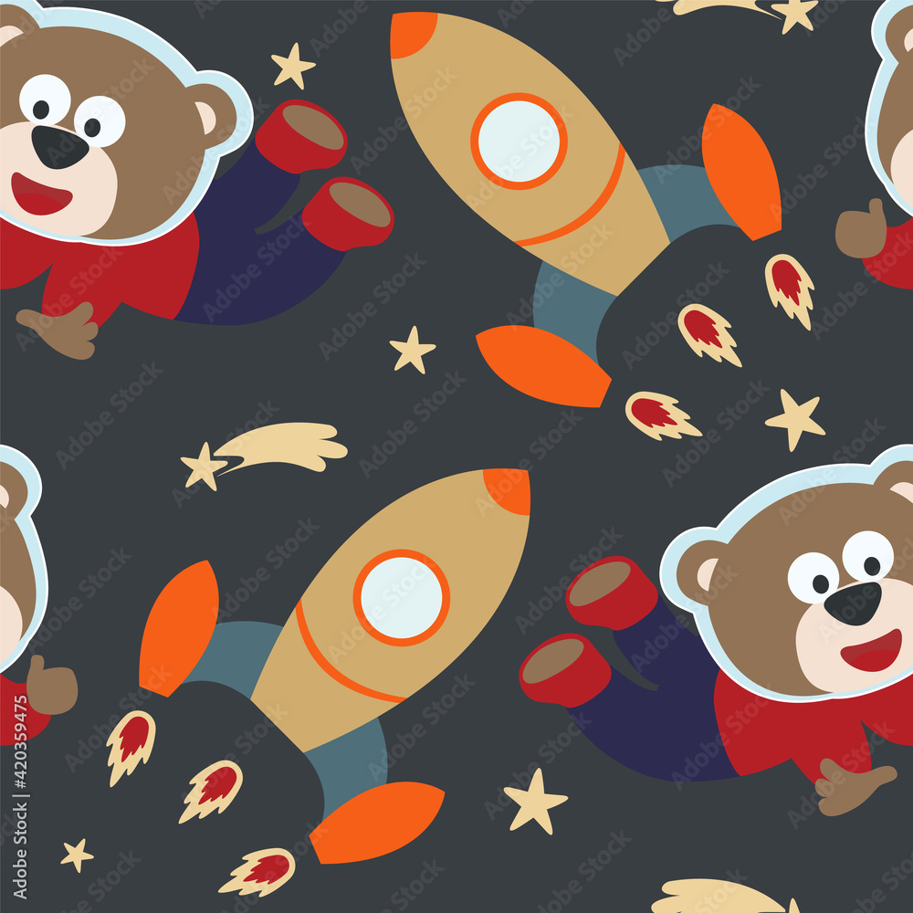 Seamless pattern cute astronaut bear in space with cartoon style. space rockets, planets, stars. Creative vector childish background for fabric, textile, nursery wallpaper, card, poster.