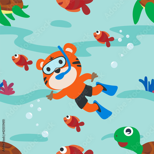 Seamless pattern texture with little tiger and bear are swim in  underwater. For fabric textile  nursery  baby clothes  background  textile  wrapping paper and other decoration.