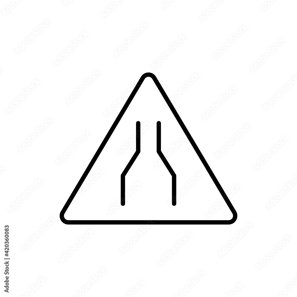 Road Narrows road sign in flat black line style, isolated on white background Road Narrows road sign in flat black line style, isolated on white background
