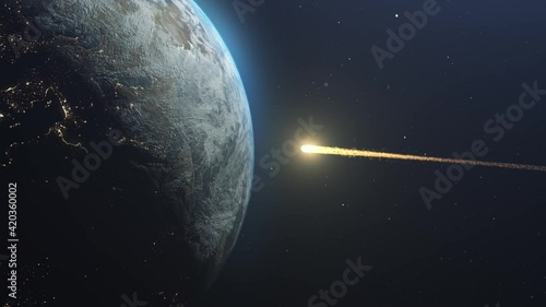 Asteroid Meteor Comet strike over Earth Impact causing apocalypse
, earth destruction Cinematic vision End of world Concept outer space view
 photo