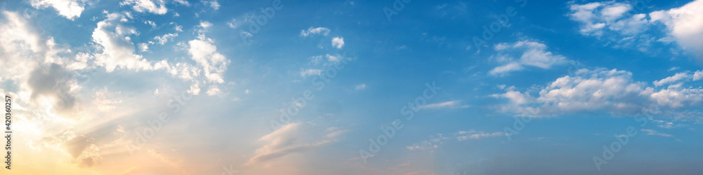 Gorgeous panorama scenic of sunrise and sunset with silver lining and cloud in the morning and evening. Panoramic landscape image.