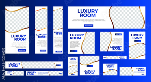 set of luxury hotel web banners of standard size with a place for photos. Vertical, horizontal and square template. vector illustration EPS 10