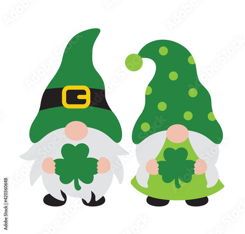 Vector illustration of a St. Patrick’s day gnome boy and girl couple holding clover leaves.