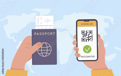 Travelling during Coronavirus. Top view of person holding a phone. An app with QR code as proof of Covid Vaccine. Passport with airline boarding pass. Immunization certificate. Vaccinated passenger.
