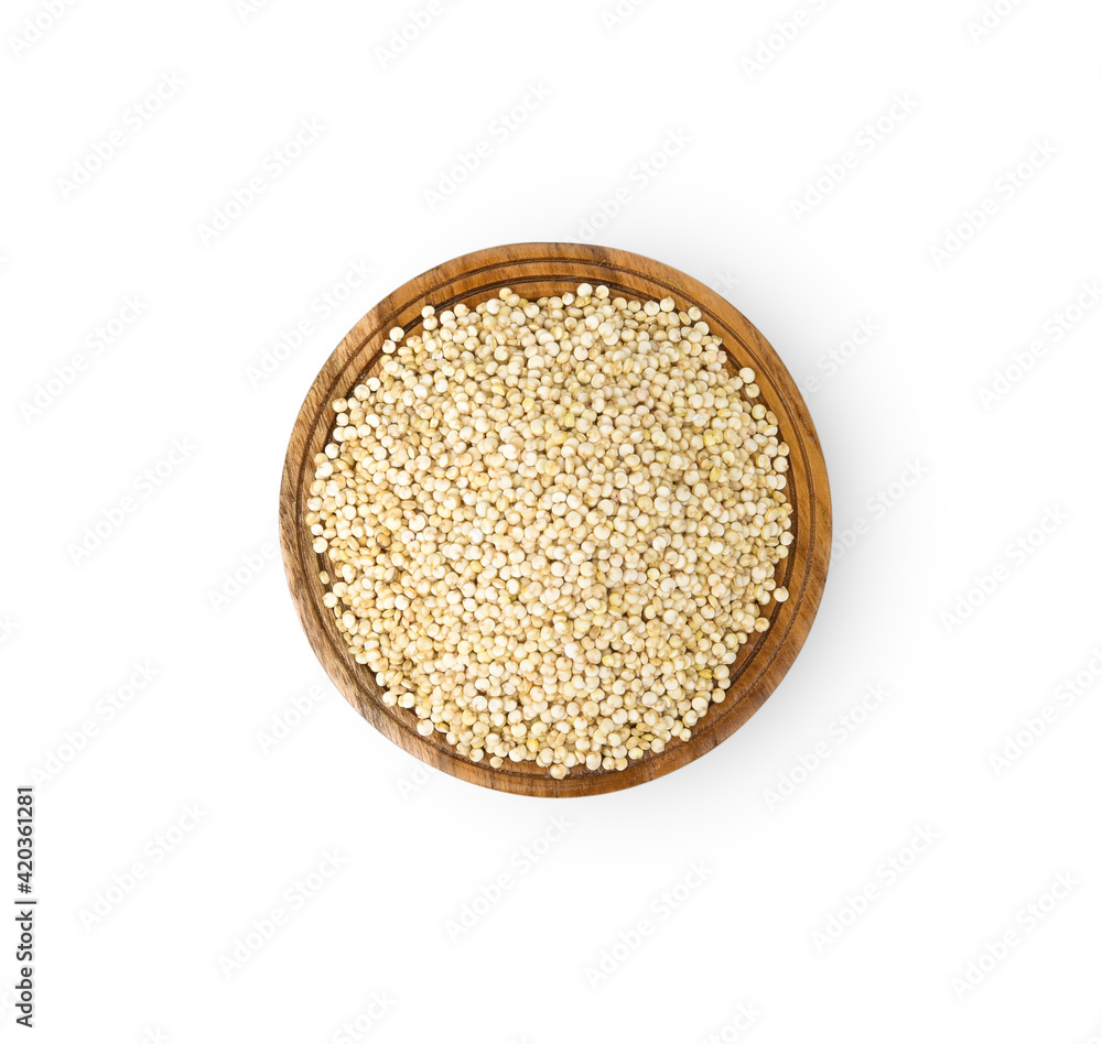 Quinoa seeds in wooden bowl isolated on white background with clipping path, top view Quinoa seeds in wooden bowl isolated on white background with clipping path, top view