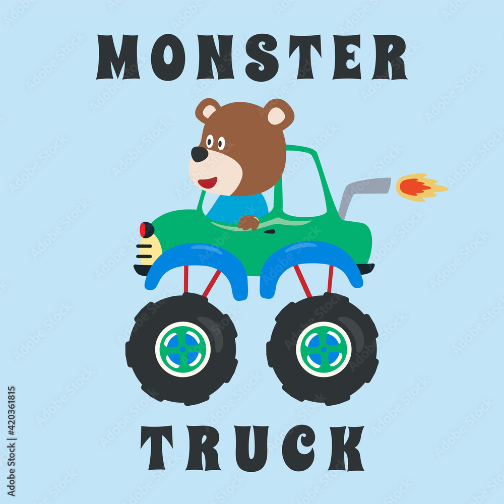 Vector illustration of monster truck with animal driver. Can be used for t-shirt print, kids wear fashion design, invitation card. fabric, textile, nursery wallpaper, poster and other decoration. Vector illustration of monster truck with animal driver. Can be used for t-shirt print, kids wear fashion design, invitation card. fabric, textile, nursery wallpaper, poster and other decoration.