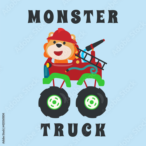 Vector illustration of fire rescue monster truck with cartoon style. Can be used for t-shirt print  fashion design  invitation card. fabric  textile  nursery wallpaper  poster and other decoration.