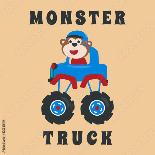 Vector illustration of monster truck with animal driver. Can be used for t-shirt print  kids wear fashion design  invitation card. fabric  textile  nursery wallpaper  poster and other decoration.
