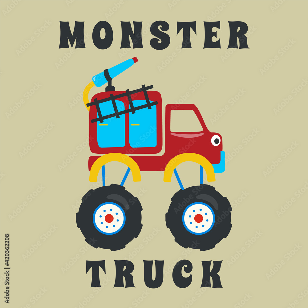 Vector illustration of fire rescue monster truck with cartoon style. Can be used for t-shirt print, fashion design, invitation card. fabric, textile, nursery wallpaper, poster and other decoration. Vector illustration of fire rescue monster truck with cartoon style. Can be used for t-shirt print, fashion design, invitation card. fabric, textile, nursery wallpaper, poster and other decoration.