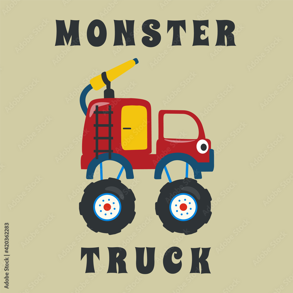 Vector illustration of fire rescue monster truck with cartoon style. Can be used for t-shirt print, fashion design, invitation card. fabric, textile, nursery wallpaper, poster and other decoration. Vector illustration of fire rescue monster truck with cartoon style. Can be used for t-shirt print, fashion design, invitation card. fabric, textile, nursery wallpaper, poster and other decoration.
