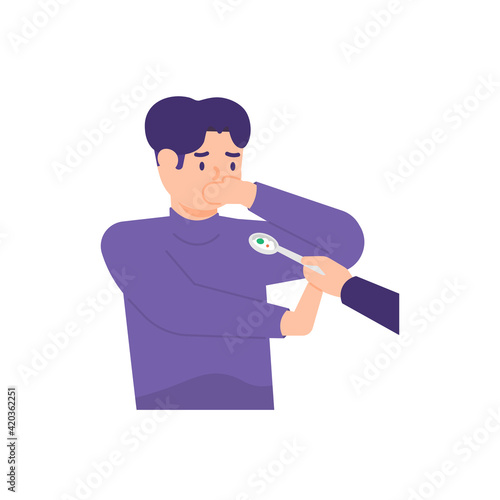 a man shuts his mouth and refuses a food because he does not want to eat or has no appetite. illustrations of facial expressions of people. holding the spoon. feed people. flat style. vector design