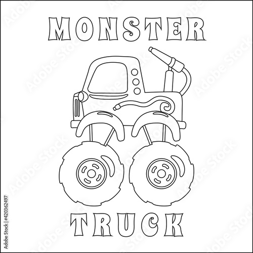 Vector illustration of fire rescue monster truck with cartoon style. Cartoon isolated vector illustration, Creative vector Childish design for kids activity colouring book or page.