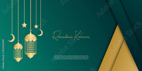 Ramadan kareem background in luxury style. Vector illustration of dark green arabic design with gold lantern or fanoos for Islamic holy month celebrations. Month of fasting for muslim