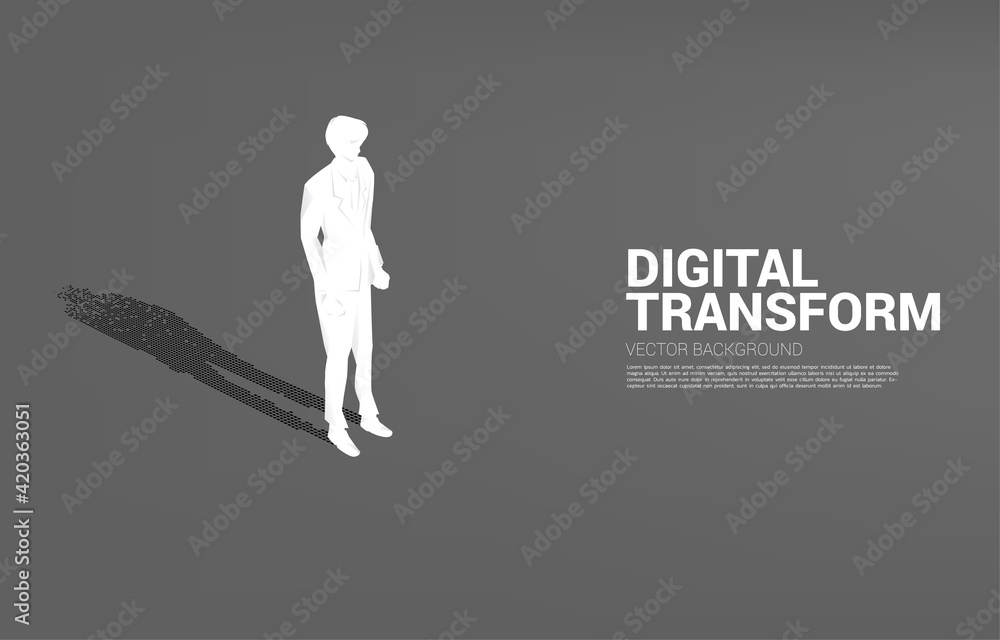 Businessman with shadow from digital dot pixel. business concept of digital transformation and digital footprint. Businessman with shadow from digital dot pixel. business concept of digital transformation and digital footprint.