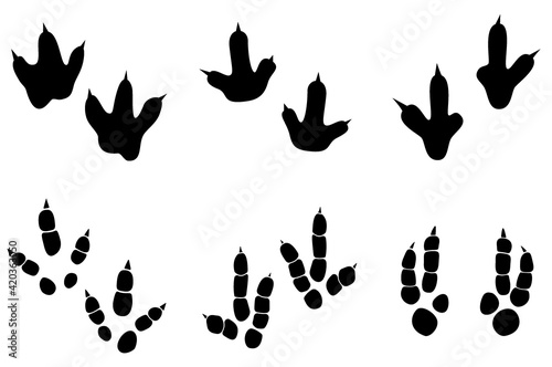 Dinosaur footprint tracks vector set illustration. Background with paw, claw predator. Dinosaur footprint illustration perfect for textile, wrap and wallpaper and design.