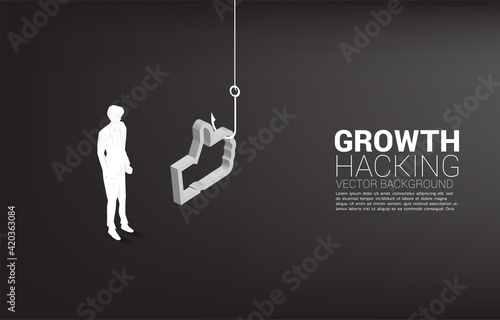 Silhouette of businessman standing with fishing hook with 3D like icon. Concept of click bait and digital phishing.
