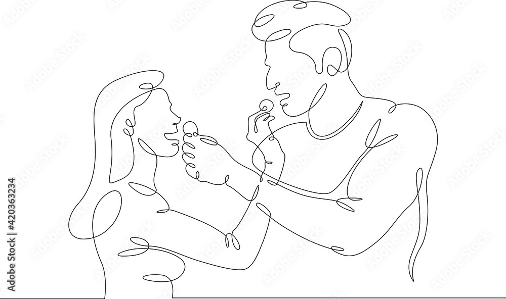 Woman and man feeding each other food. Portrait of a pair of lovers in the meal time. One continuous drawing line  logo single hand drawn art doodle isolated minimal illustration.