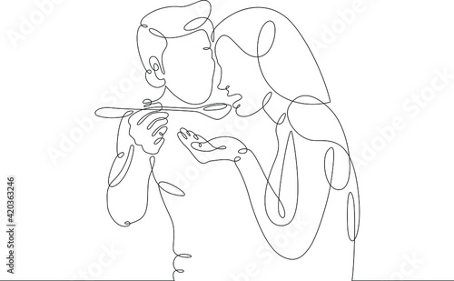 The woman and the man prepare food and taste with a large spoon. Portrait of a pair of lovers in the meal time. One continuous drawing line  logo single hand drawn art doodle isolated minimal illustra