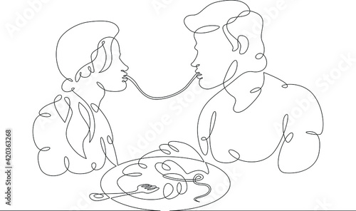 Woman and man eating a spaghetti for two. Portrait of a pair of lovers in the meal time. One continuous drawing line  logo single hand drawn art doodle isolated minimal illustration.