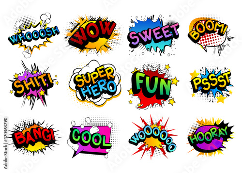 Comic book word set: Whooosh, Wow, Sweet, Boom, Shit, Super Hero, Fun, Pssst, Bang, Cool, Woooooo, Hooray. Comics speech bubble template collection. Cartoon style comic dialog cloud. Pop art explosion