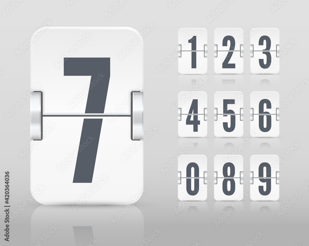 Vector white flip scoreboard template with numbers and reflections for white countdown timer or calendar isolated on light background. Vector white flip scoreboard template with numbers and reflections for white countdown timer or calendar isolated on light background.