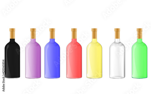 Colorful bottles, Bottles with colored liquids, Rainbow Color Glass Bottles, Glass bottle mockup. 3d rendering