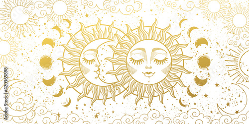 Magic background for tarot, astrology, magic. The device of the universe, the golden crescent and the sun with a face on a white background. Aesthetic vector illustration.