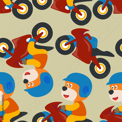 Seamless pattern texture with cute motorcycle racing cartoon vector illustration design. For fabric textile, nursery, baby clothes, background, textile, wrapping paper and other decoration. © Hijaznahwani