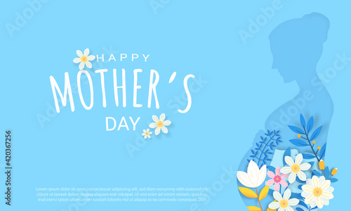 Happy mother's day greeting card design with flower and typography letter on blue background. celebration illustration template for banner, flyer, invitation, brochure, poster.