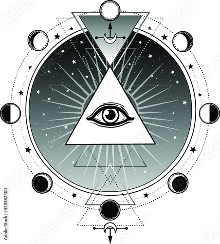  Mystical symbol: pyramid, all-seeing eye. Sacred geometry. Alchemy, magic, esoteric, occultism. Vector illustration isolated on a white background. Print, poster, t-shirt, card.