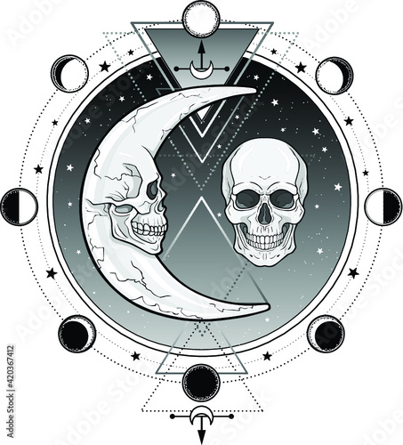 Mystical symbols: the moon and month in the form of human skulls.Sacred geometry. Alchemy, magic, esoteric, occultism. Vector illustration isolated on a white background. Print, poster, t-shirt, card