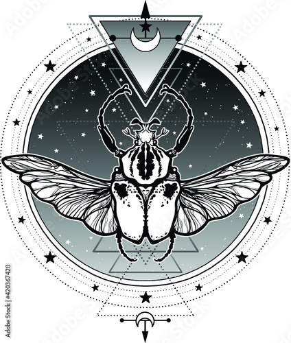  Mystical symbol bug Goliath. Sacred geometry. Alchemy, magic, esoteric, occultism. Vector illustration isolated on a white background. Print, poster, t-shirt, card.