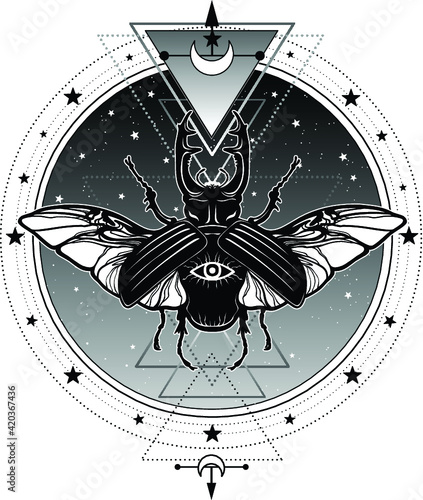Mystical symbol horned bug Deer. All-seeing eye. Sacred geometry. Alchemy, magic, esoteric, occultism. Vector illustration isolated on a white background. Print, poster, t-shirt, card.