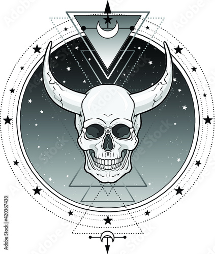  Mystical symbol: demonic horned skull, star sky. Sacred geometry. Alchemy, magic, esoteric, occultism. Vector illustration isolated on a white background. Print, poster, t-shirt, card.