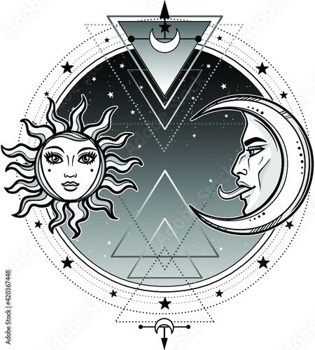 Mystical symbols: sun and moon in an image of the man and woman.Sacred geometry. Alchemy, magic, esoteric, occultism. Vector illustration isolated on a white background.Print, poster, t-shirt, card.