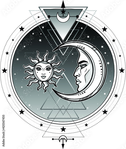  Mystical symbols: sun and moon in an image of the man and woman.Sacred geometry. Alchemy, magic, esoteric, occultism. Vector illustration isolated on a white background.Print, poster, t-shirt, card.