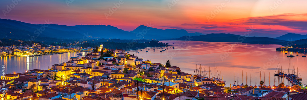 Panoramic view of greek town Poros at sunset, Greece