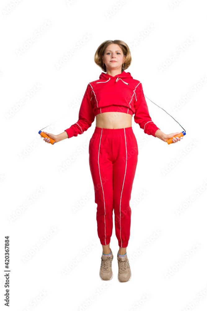 a young woman with short hair, wearing a red tracksuit a young woman with short hair, wearing a red tracksuit