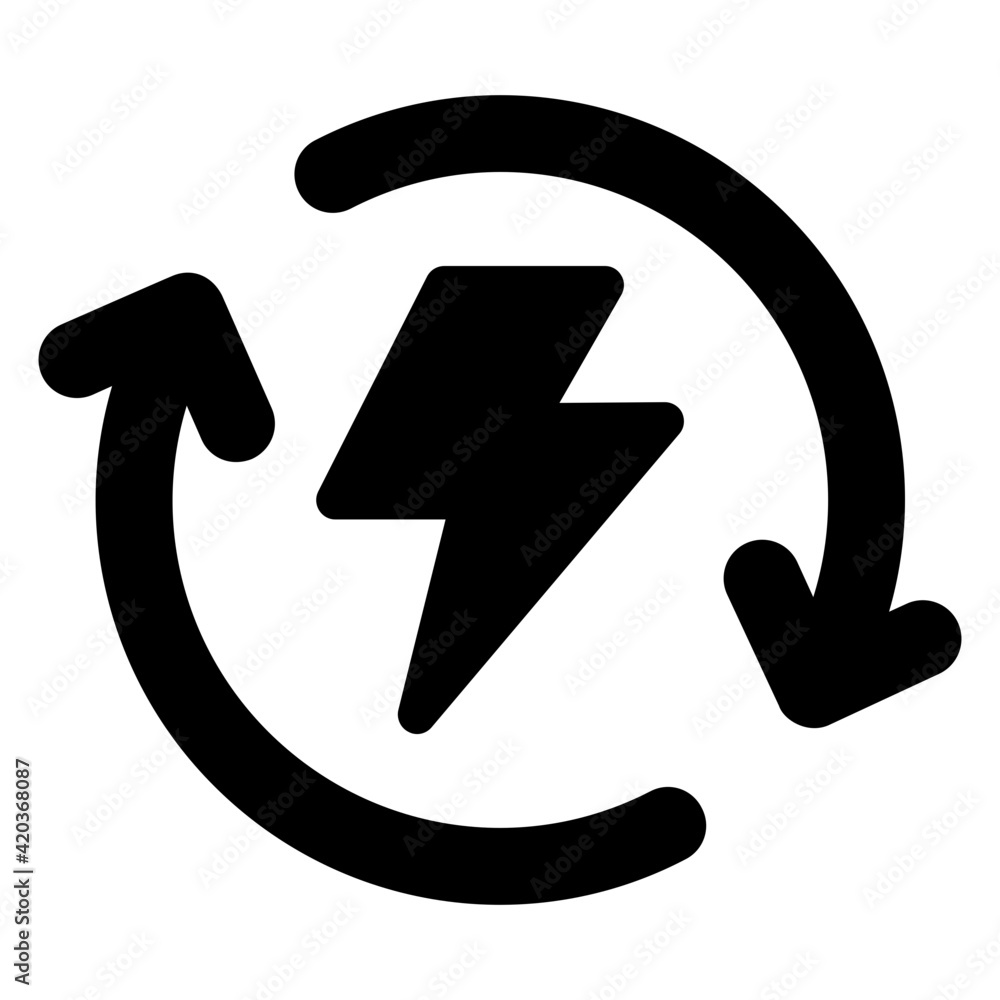 Icon of power recycling in glyph style, bolt with rounded arrows
Icon of power recycling in glyph style, bolt with rounded arrows