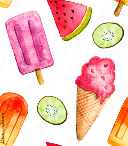Colorful watercolor ice cream summer popsicle kiwi fruit and water melon background pattern illustration