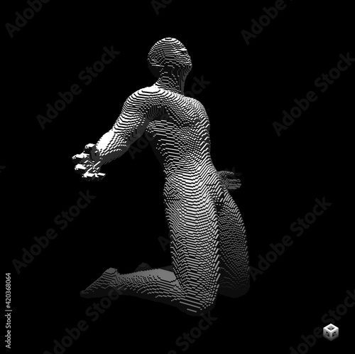 Man kneeling and praying to God. Concept for religion, worship, love and spirituality. Voxel art. 3D vector illustration.