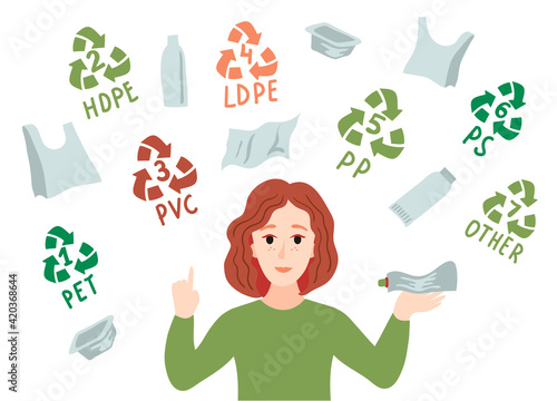 Categories of plastic types. Types of plastic marking. A girl sorts plastic garbage. Sorting plastic waste for recycling.