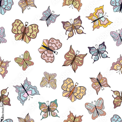 Beautiful butterflies. Seamless pattern. Pastel colors. Collection of isolated flat cartoon vector illustrations.