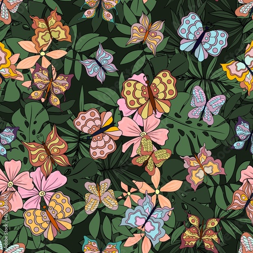 Beautiful butterflies on a tropical backround. Seamless pattern. Pastel colors. Collection of isolated flat cartoon vector illustrations.
