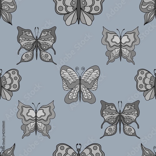 Beautiful butterflies. Seamless pattern. Pastel colors. Collection of isolated flat cartoon vector illustrations.