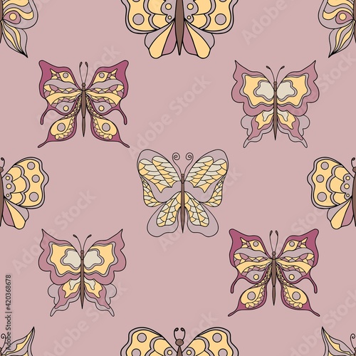 Beautiful butterflies. Seamless pattern. Pastel colors. Collection of isolated flat cartoon vector illustrations.